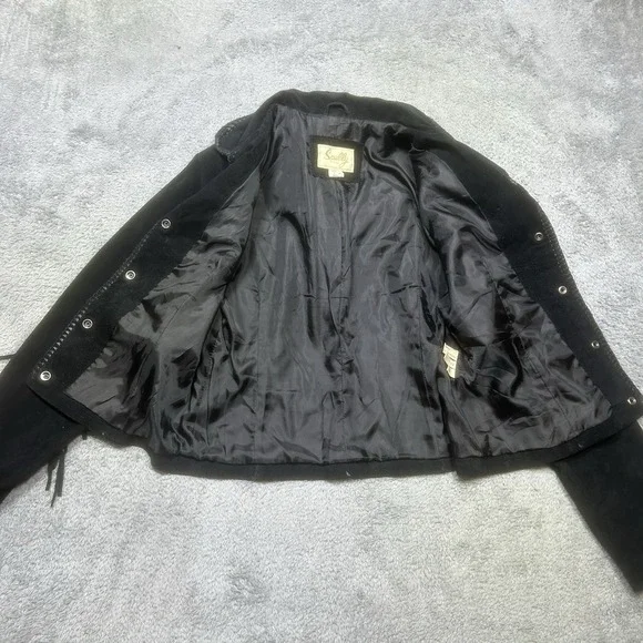 Vintage Scully Jacket Womens M Black Leather Western Fringe Studded Beaded Suede - Picture 3 of 16
